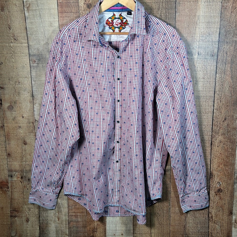 Robert Graham Red Blue Gingham Embroidered Button Down Shirt Mens 2XL 2X